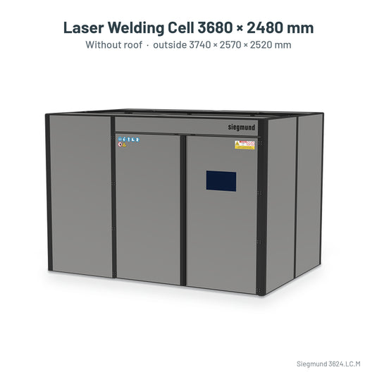 Siegmund laser welding cell 3680 x 2480 mm without roof, labelled with outside size 3740 x 2570 x 2520 mm (Siegmund 3D render)
