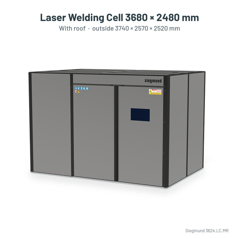 Load image into Gallery viewer, Siegmund laser welding cell 3680 x 2480 mm with roof, labelled with outside size 3740 x 2570 x 2520 mm (Siegmund 3D render)
