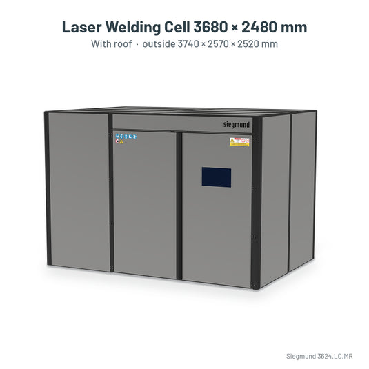 Siegmund laser welding cell 3680 x 2480 mm with roof, labelled with outside size 3740 x 2570 x 2520 mm (Siegmund 3D render)