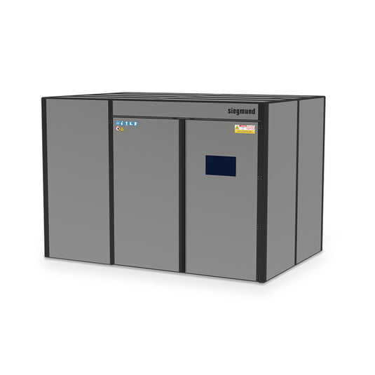 Siegmund modular laser welding cell 3680 x 2480 mm with roof, on a white background (Siegmund 3D render)