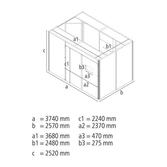 Siegmund dimension drawing of the 3680 x 2480 mm laser welding cell, outside size 3740 x 2570 x 2520 mm