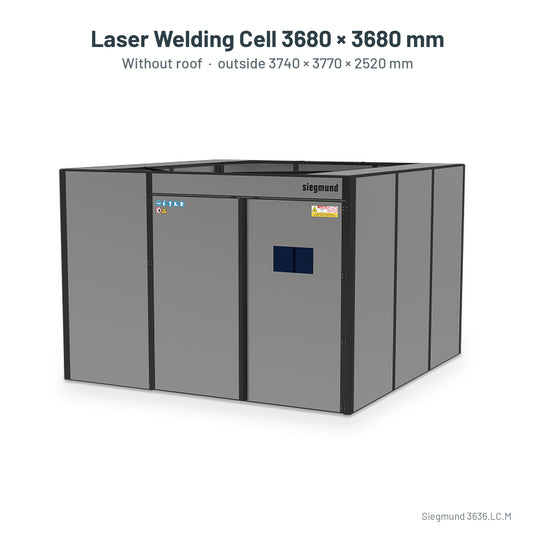 Siegmund laser welding cell 3680 x 3680 mm without roof, labelled with outside size 3740 x 3770 x 2520 mm (Siegmund 3D render)