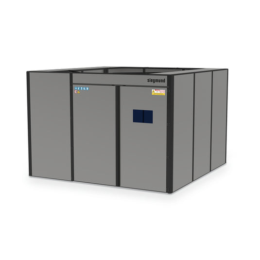Siegmund modular laser welding cell 3680 x 3680 mm without roof, open top, on a white background (Siegmund 3D render)