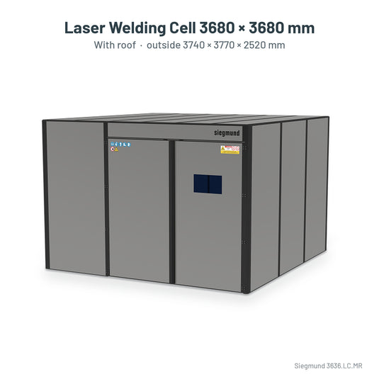 Siegmund laser welding cell 3680 x 3680 mm with roof, labelled with outside size 3740 x 3770 x 2520 mm (Siegmund 3D render)