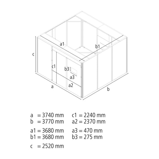 Siegmund dimension drawing of the 3680 x 3680 mm laser welding cell, outside size 3740 x 3770 x 2520 mm