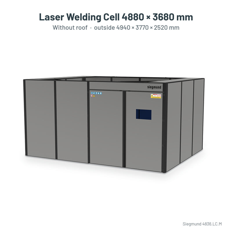 Load image into Gallery viewer, Siegmund laser welding cell 4880 x 3680 mm without roof, labelled with outside size 4940 x 3770 x 2520 mm (Siegmund 3D render)
