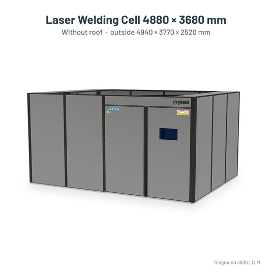 Siegmund laser welding cell 4880 x 3680 mm without roof, labelled with outside size 4940 x 3770 x 2520 mm (Siegmund 3D render)