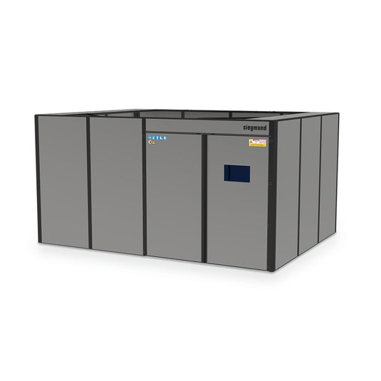 Siegmund modular laser welding cell 4880 x 3680 mm without roof, open top, on a white background (Siegmund 3D render)