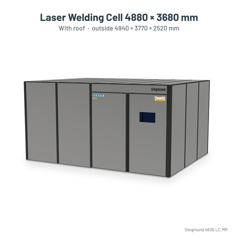 Load image into Gallery viewer, Siegmund laser welding cell 4880 x 3680 mm with roof, labelled with outside size 4940 x 3770 x 2520 mm (Siegmund 3D render)
