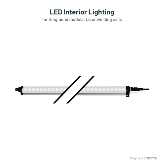 Siegmund LED interior light bar for modular laser welding cells, with a title label (Siegmund 3D render)