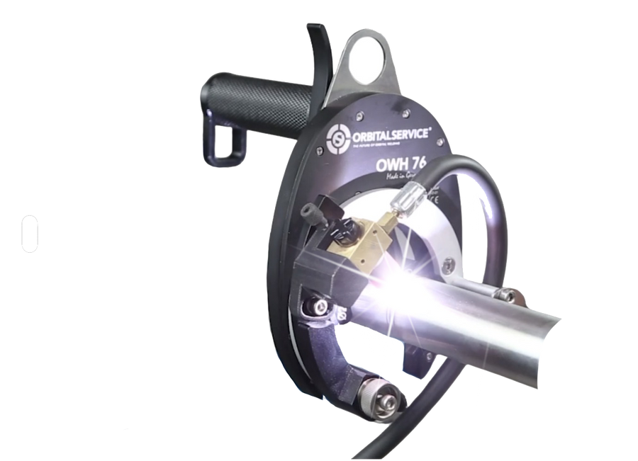 Orbitalservice OWH 76 open weld head performing an orbital TIG weld on tube
