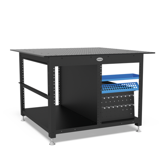 Siegmund System 28 welding workstation with perforated tabletop, integrated tool storage, blue drawers, and heavy-duty caster wheels for mobile fabrication